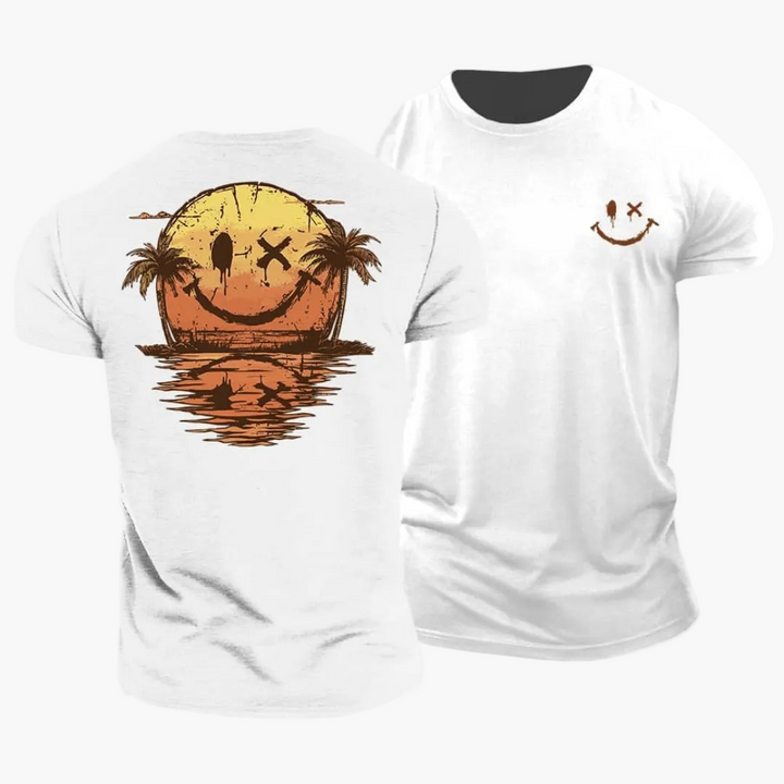 Herren Kurzarm T-Shirt im Vintage Look mit Smiley, Surfer & Palmen Design. Ideal für warme Tage.