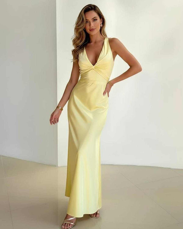 Gelbes elegantes Damen Maxikleid, A-Linie Schnitt. V-Ausschnitt Abendkleid ärmellos, ideal als festliches Sommerkleid.
