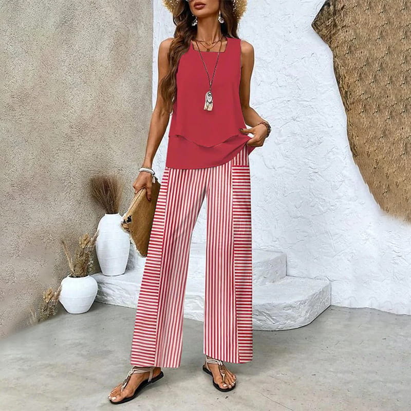 Stilvoller Damen Zweiteiler mit Blattdruck. Fließendes Sommer-Set mit weiter Hose für Komfort.