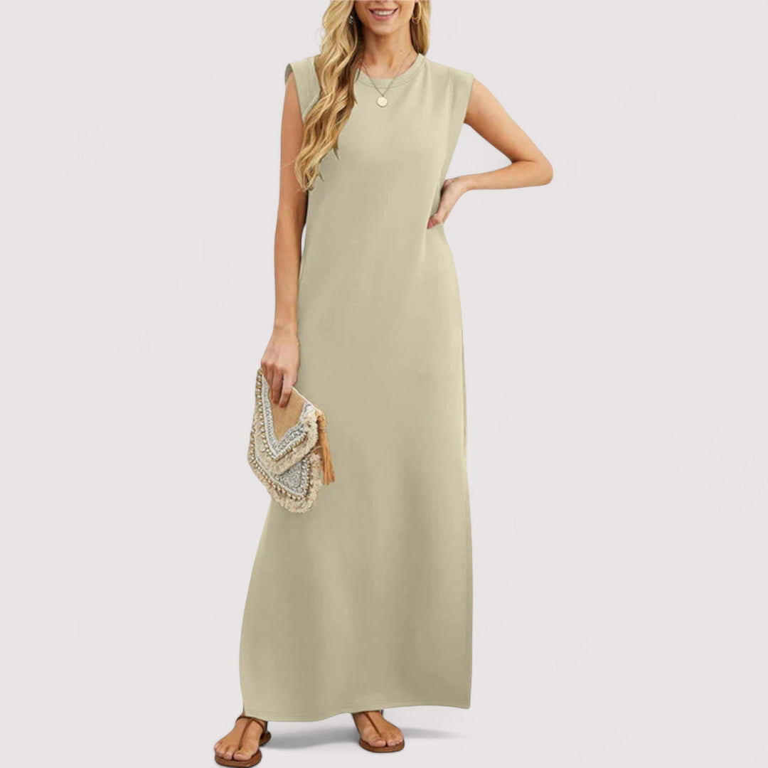 Detailansicht: Fließendes, leichtes Damen A-Linie Maxikleid, ärmellos. Vielseitiges Sommer-Freizeitkleid.