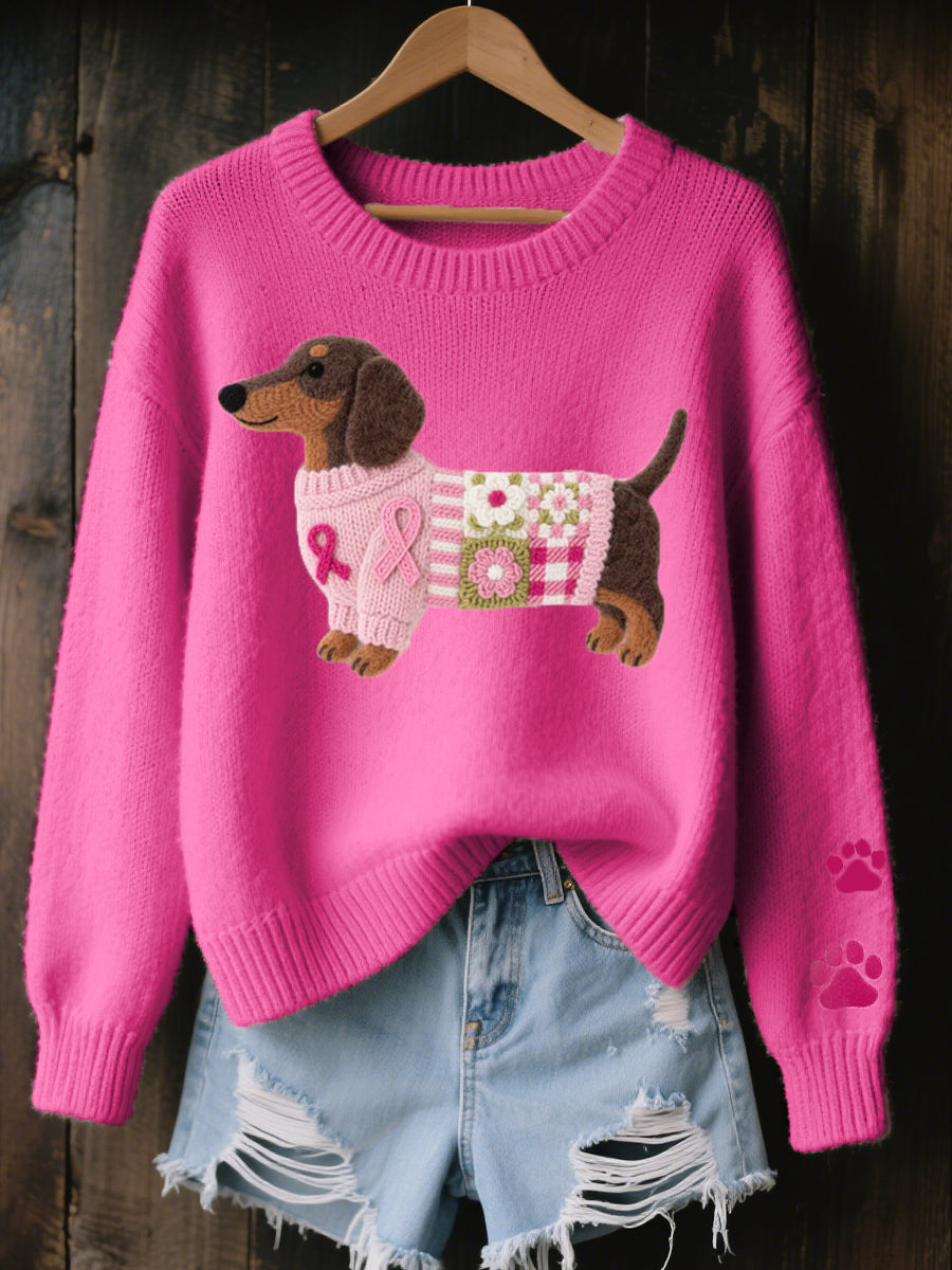 Gemütlicher Damen Strickpullover mit charmantem Dackel Hundemotiv. Perfekt für kalte Tage und Tierfreunde.