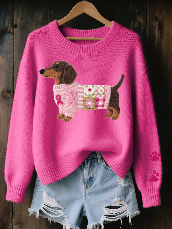 Gemütlicher Damen Strickpullover mit charmantem Dackel Hundemotiv. Perfekt für kalte Tage und Tierfreunde.