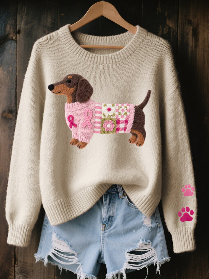 Detailansicht des Dackelmotivs auf dem Damen Strickpullover. Weicher, warmer Pullover für Damen mit Hundemotiv.