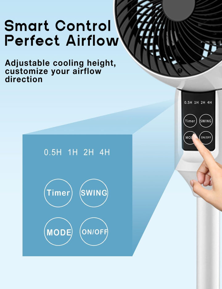 Moderner Standventilator Aerion mit Fernbedienung. Sorgt für leise, angenehme Kühlung im ganzen Raum.