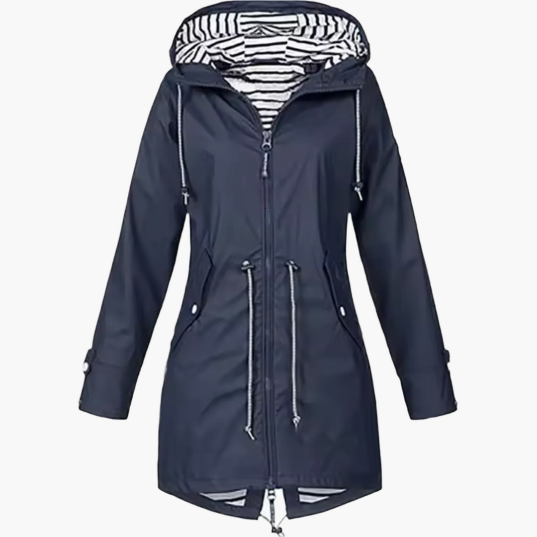 Modische Damen Übergangsjacke mit Kapuze in Grau, von einer Frau im Freien getragen, ideal für Herbst.