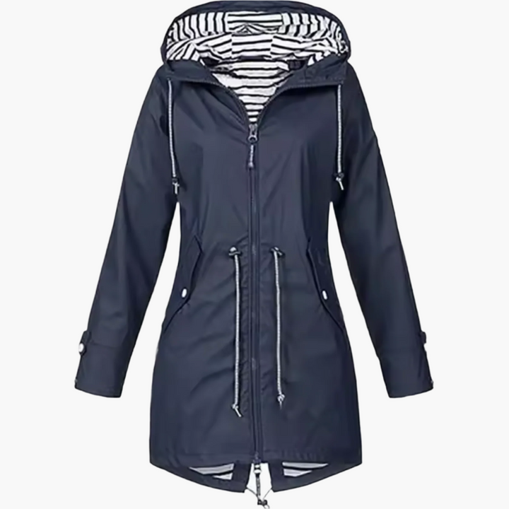 Modische Damen Übergangsjacke mit Kapuze in Grau, von einer Frau im Freien getragen, ideal für Herbst.