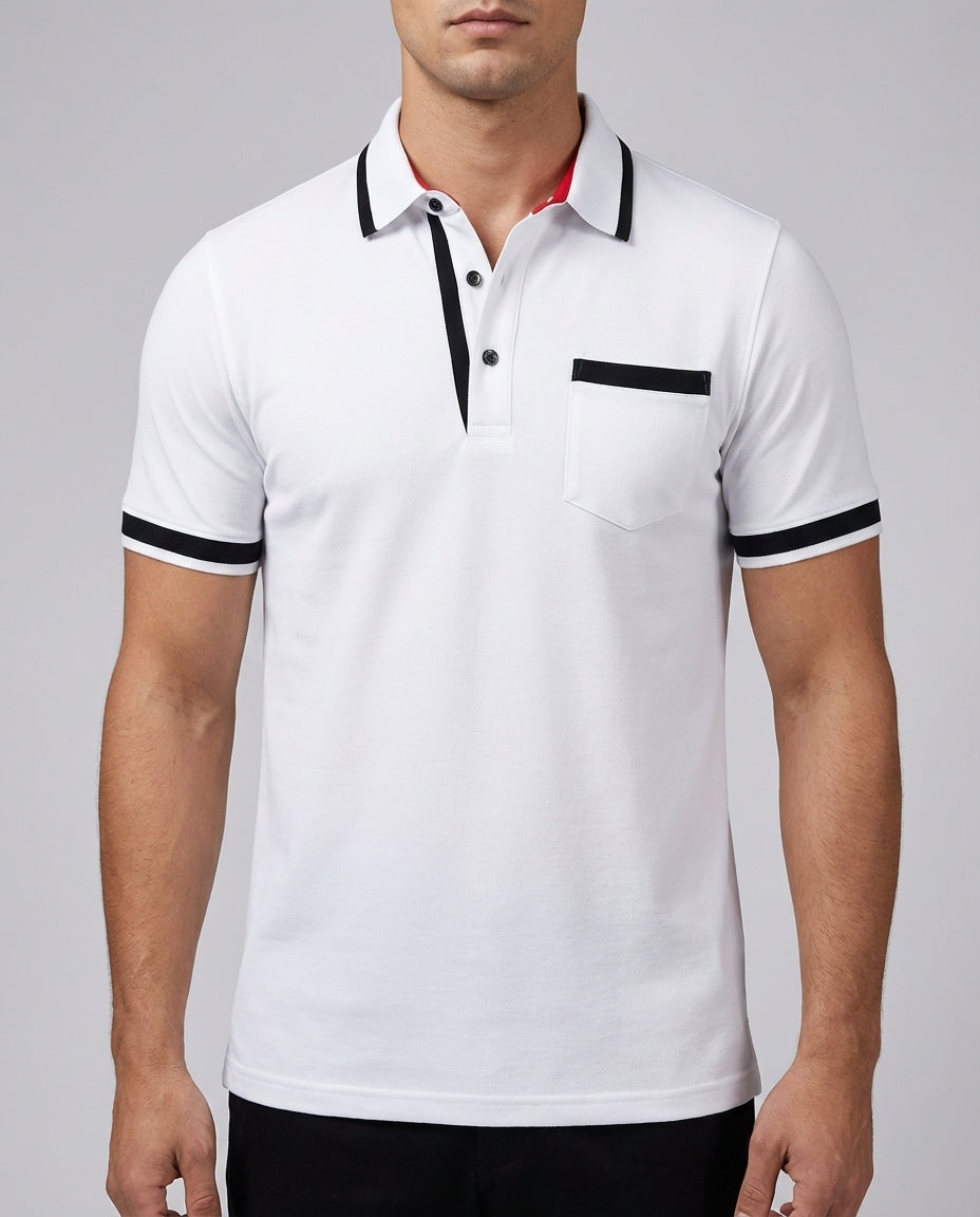 Stilvolles Herren Poloshirt mit V-Ausschnitt, kurzärmlig für sommerlichen Komfort & Freizeit.