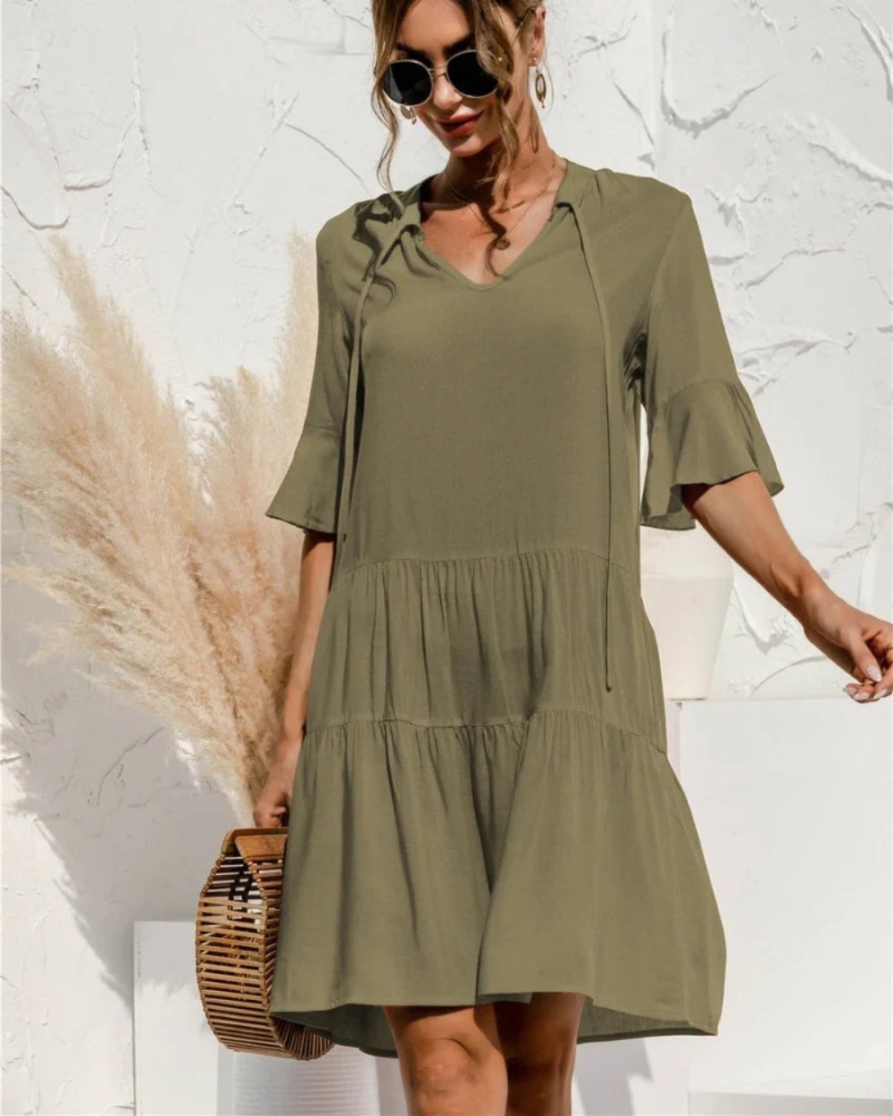 Damen Midikleid mit lässigem Blumenmuster, Puffärmeln & Rundhalsausschnitt, ein bequemes Kurzarmkleid.