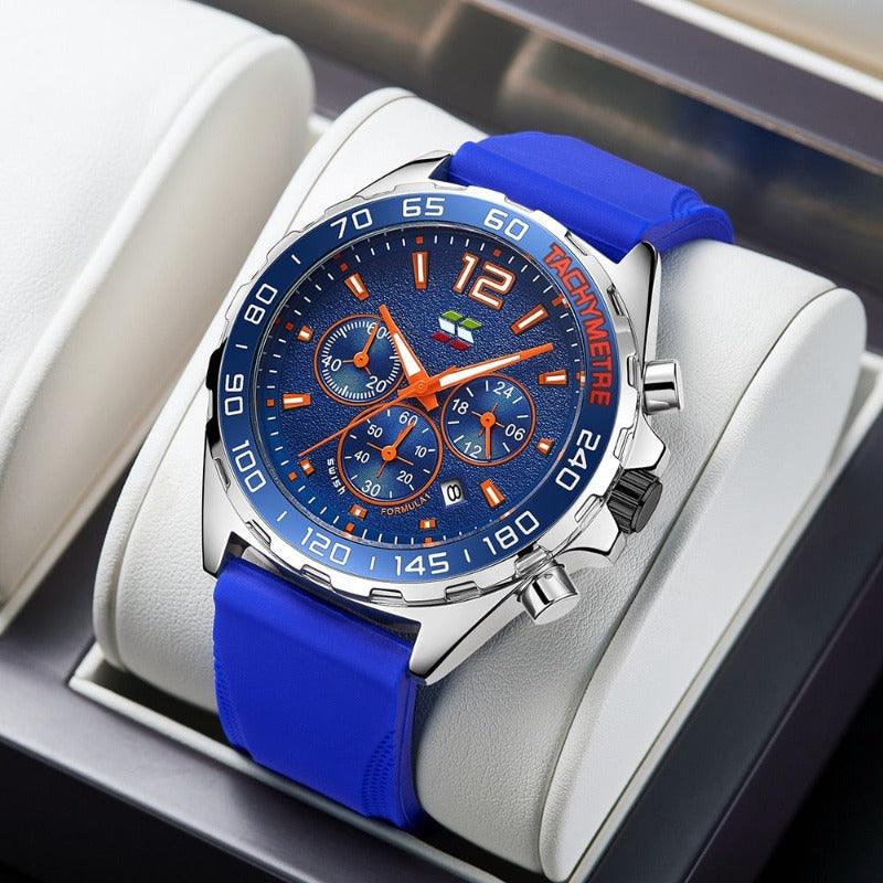 Glänzende Herren Edelstahluhr Chronograph mit Quarzwerk, reflektiert Stil und Präzision.