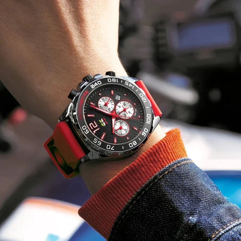 Wasserfeste Herren Sportuhr Chronograph mit detailliertem Zifferblatt und robustem Armband aus Edelstahl.