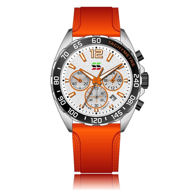 Nahaufnahme des Zifferblatts der Herren Sport Chronograph Quarzuhr mit Datumsanzeige und Hilfszifferblättern.