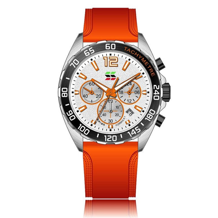 Nahaufnahme des Zifferblatts der Herren Sport Chronograph Quarzuhr mit Datumsanzeige und Hilfszifferblättern.