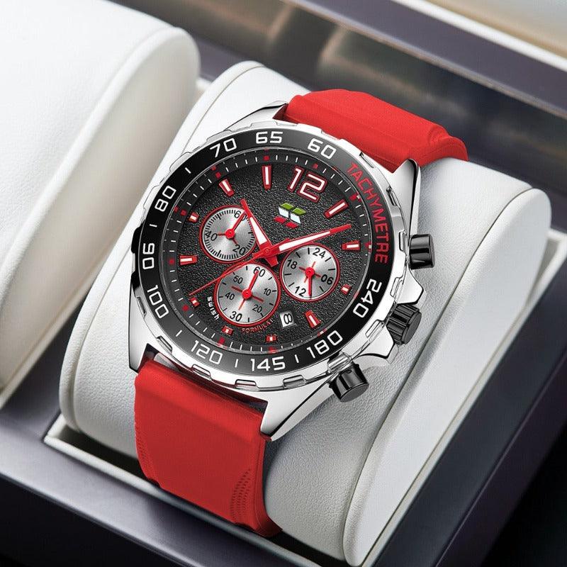Seitenansicht der Herren Quarzuhr Chronograph, präzises Gehäuse mit eleganten Drückern für Stoppfunktion.