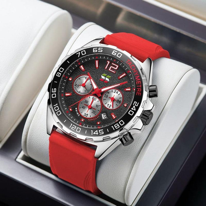 Seitenansicht der Herren Quarzuhr Chronograph, präzises Gehäuse mit eleganten Drückern für Stoppfunktion.