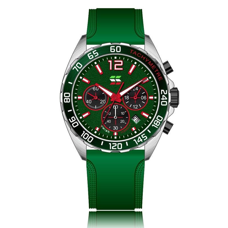 Verschluss und Gehäuseboden der langlebigen Herren Sport Chronograph Edelstahluhr, robust und wasserfest.