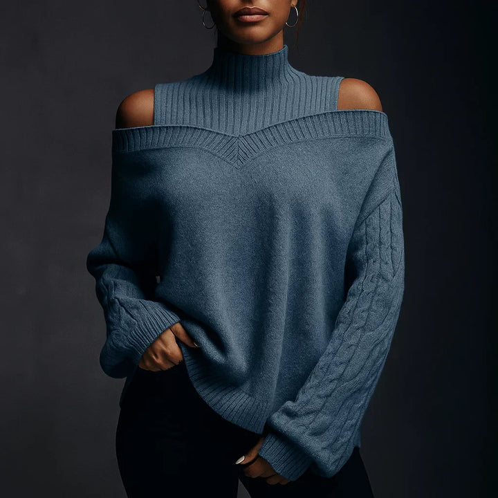 Bequemer Damen Winterpullover mit Rollkragen, langarm, schulterfrei und stilvollem Strukturmuster.