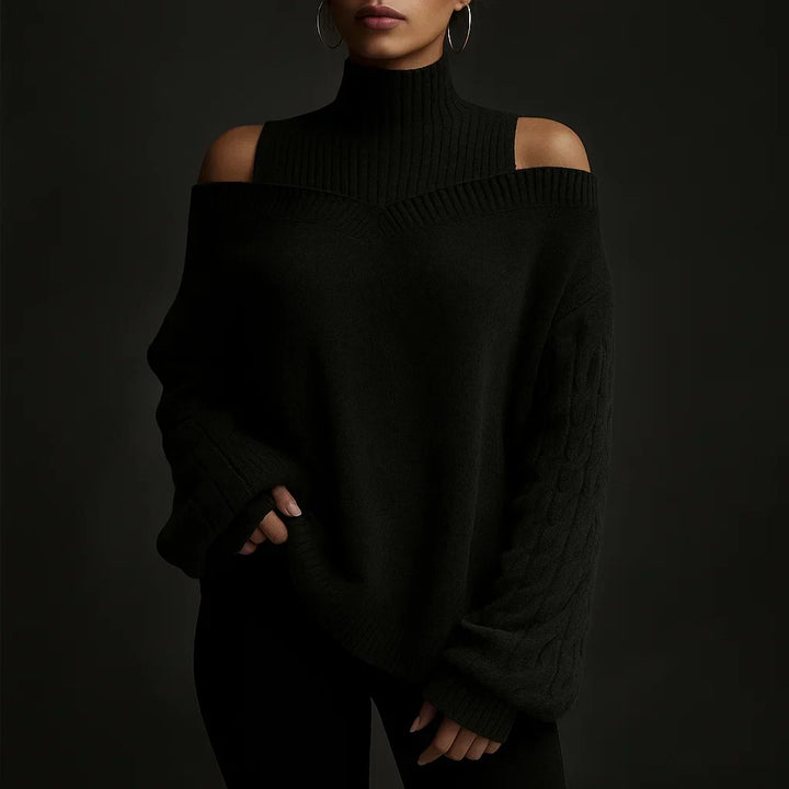 Moderner Damen Rollkragenpullover, schulterfrei, mit auffälligem Struktur-Design, ideal für Wintermode.