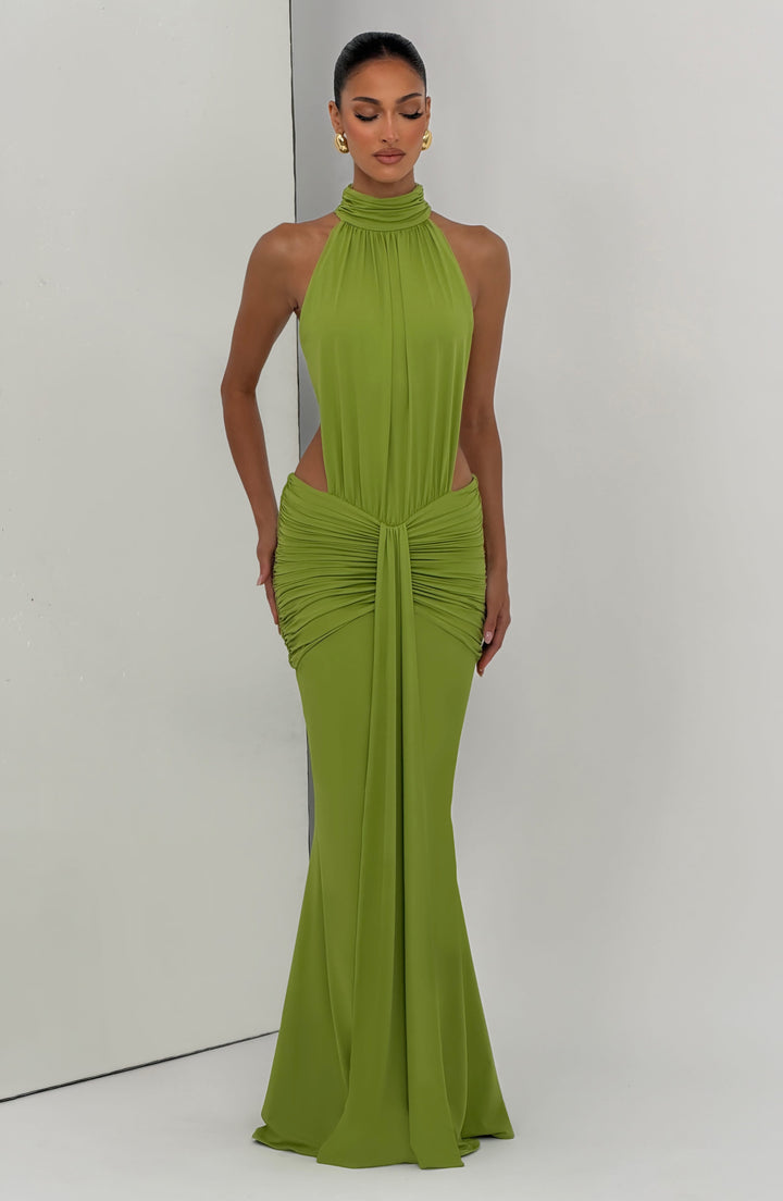 Braunes Neckholder Cocktailkleid, tiefer Rückenausschnitt, elegantes Damenkleid, stilvoll & lang.