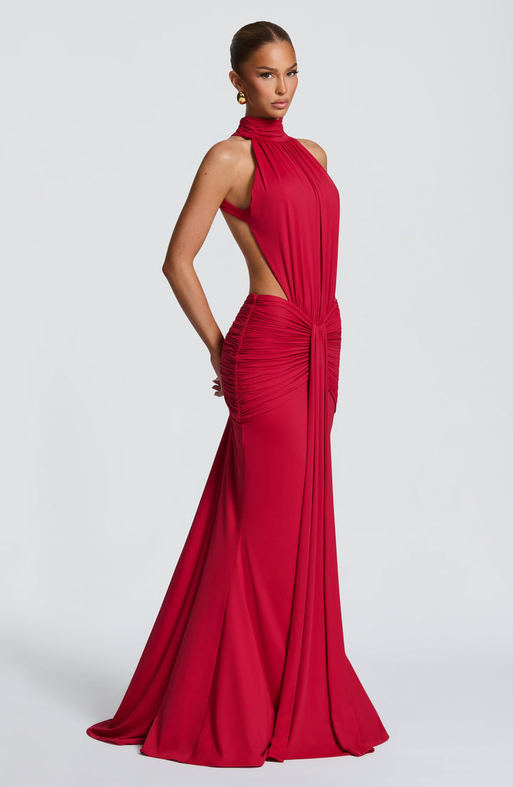 Oranges schickes Partykleid, Neckholder, tiefer Rücken, figurbetonter Schnitt, Damen Maxikleid.