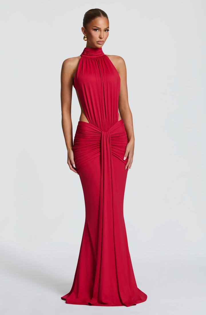 Rotes elegantes Maxikleid, Neckholder, tiefer Rücken, festliches Partykleid für Damen, schick.