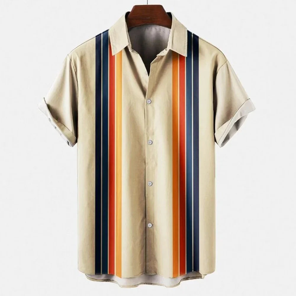 Sommerliches Herren Kurzarmhemd, gestreiftes Retro-Muster, ideal für Freizeitlooks.