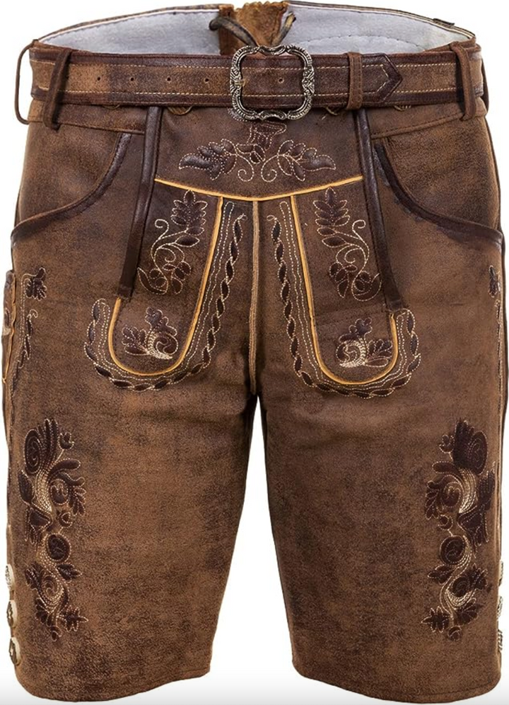 Traditionelle Herren Lederhose braun, bestickt für Oktoberfest & Volksfeste. Klassische bayerische Trachtenmode, robust & bequem.