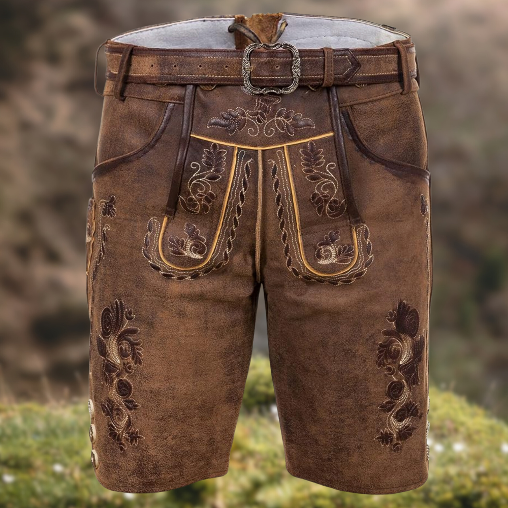 Elegante Herren Lederhose, traditionell braun bestickt. Perfekt für festliche Anlässe, Trachtenmode & Oktoberfest.