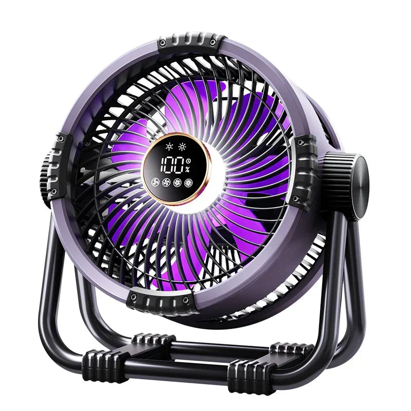 Robuster Campingventilator mit Akku, LED-Licht und Powerbank-Funktion für Outdoor.
