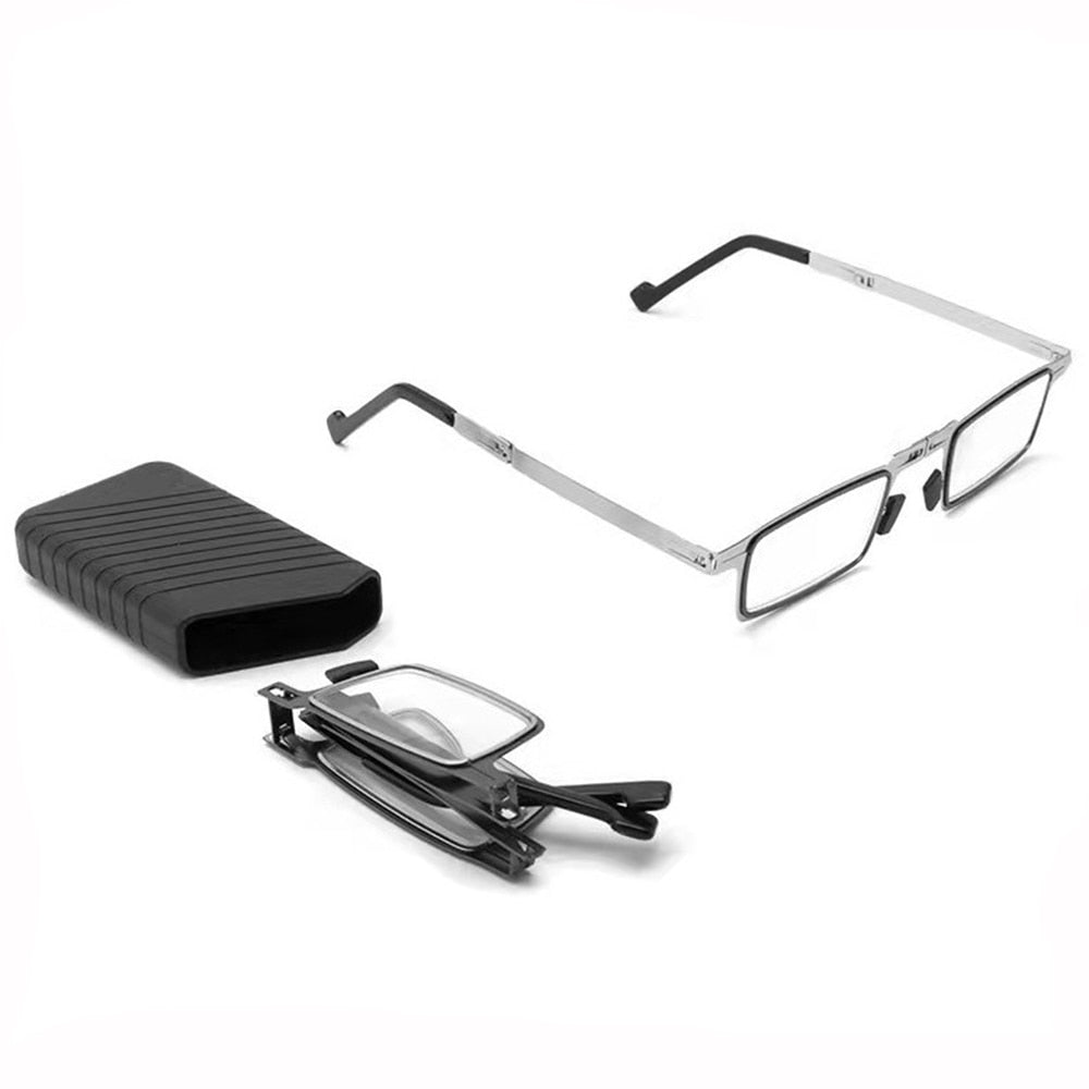 Elegante faltbare Lesebrille für Damen & Herren. Robuster Silber-Metallrahmen, kratzfeste Gläser & Etui.