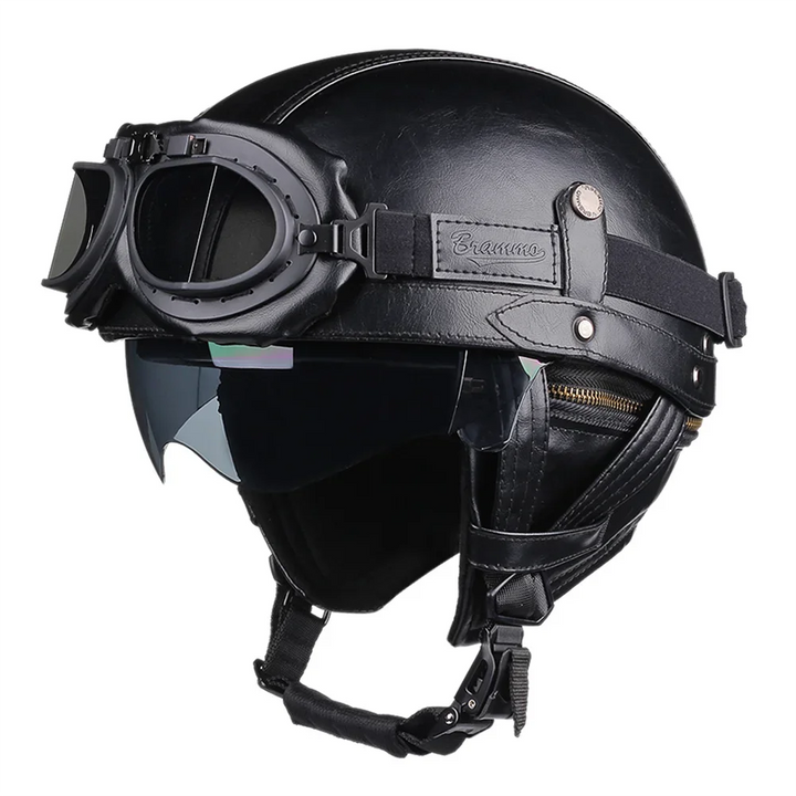 Zijaanzicht van de unisex retro motorhelm, benadrukt het slanke design en de vintage-look voor motorrijders.