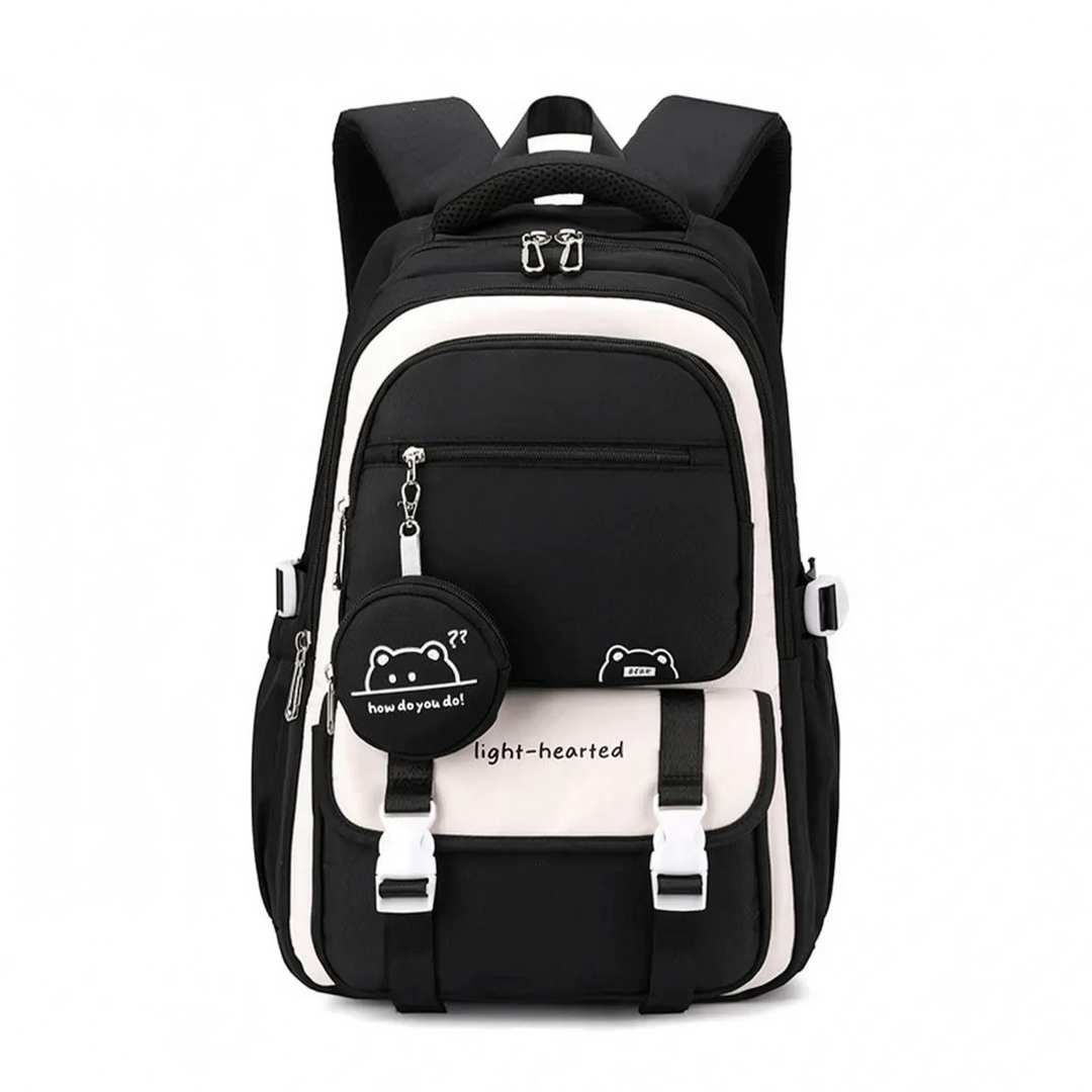 Detailansicht: Schulrucksack groß mit Flaschenfach, Vordertasche und verstellbaren Trägern für Komfort.