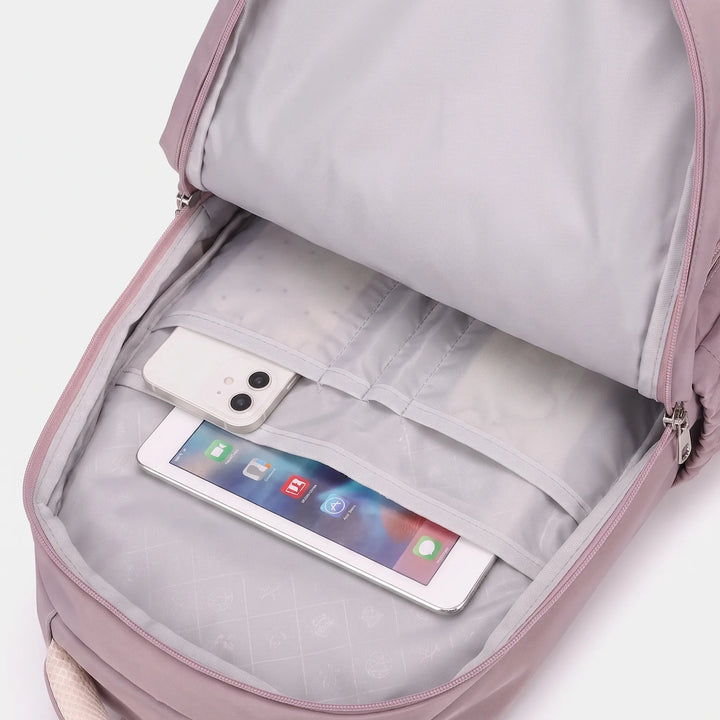 Lila Damen Schulrucksack groß mit vielen Fächern, perfekt für Uni, Büro und kurze Reisen.