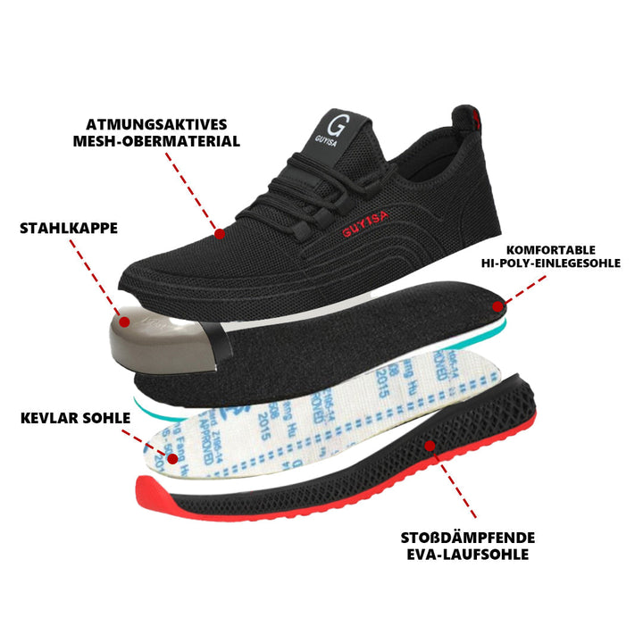 Robuste Schutzschuhe mit integrierter Stahlkappe bieten maximalen Fussschutz.