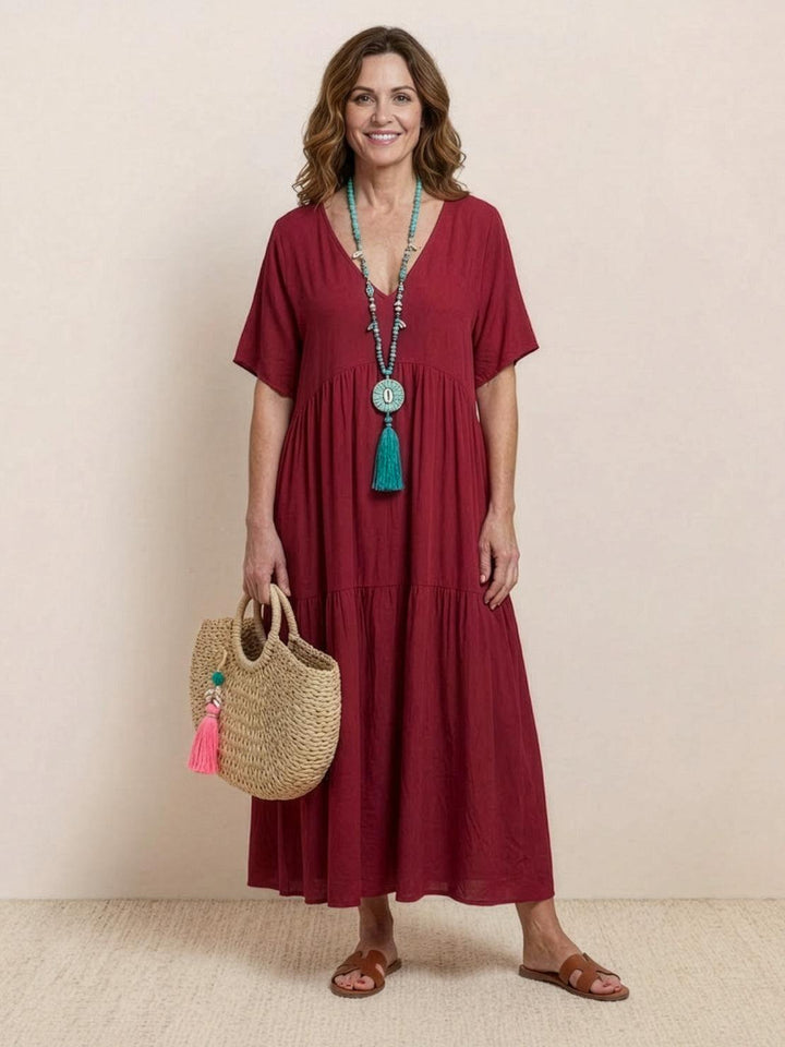 Boho Maxikleid für Damen: Fließendes Sommerkleid mit V-Ausschnitt, farbenfroh, leicht und ideal für Freizeit.