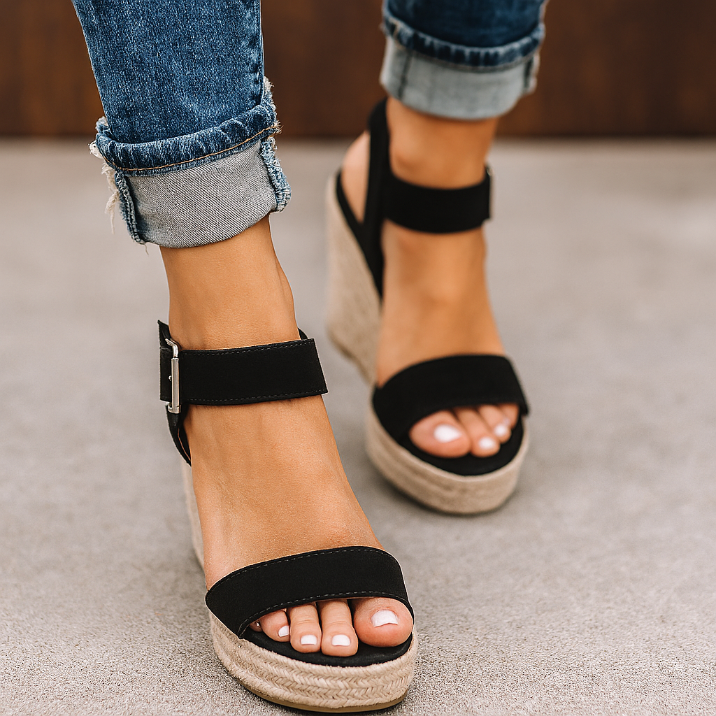 Elegante Damen Espadrilles Keilabsatz Sandalen in Braun-Schwarz für den Sommer. Ideal für Strand & Freizeit.