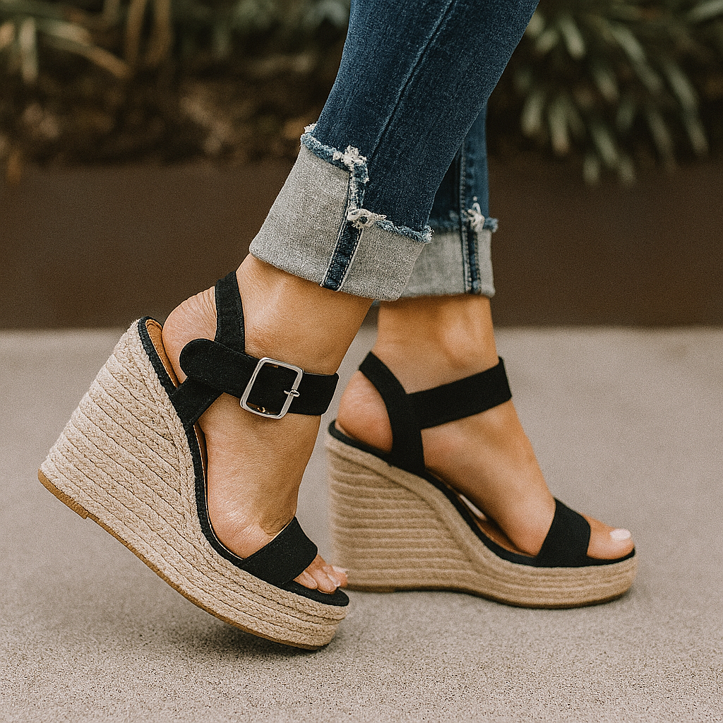 Modische Damen Keilabsatz Espadrilles Sandalen mit offenem Zeh. Bequeme braun-schwarze Sommerschuhe.