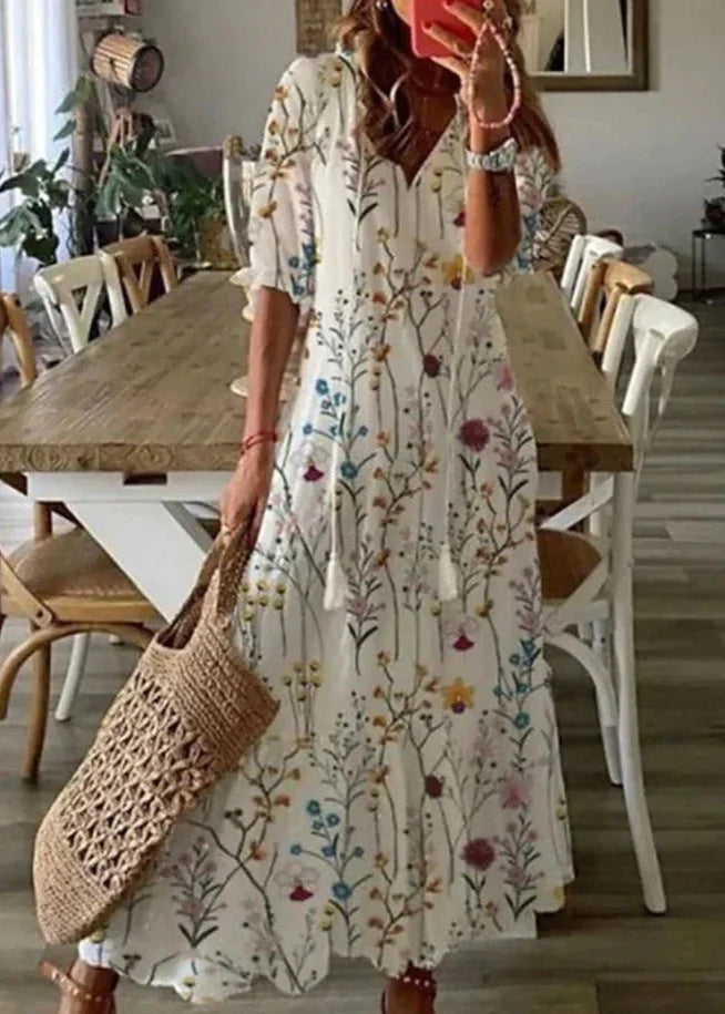 Vielseitiges Damen Maxikleid: Blumenmuster, Kordelzug-Taille; perfekt als Sommer-, Strand- oder Freizeitkleid.