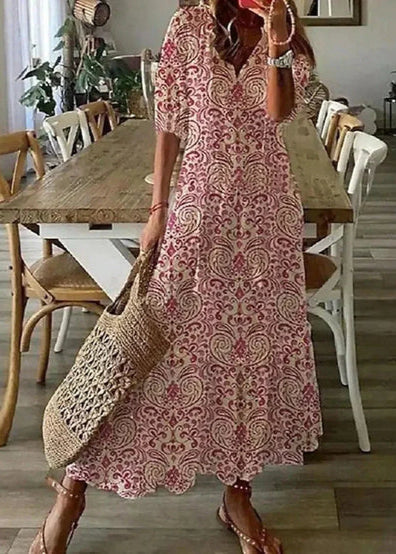 Langes Damen Sommerkleid mit Blumenmuster und Kordelzug-Taille, stilvolle Freizeit- & Strandmode.