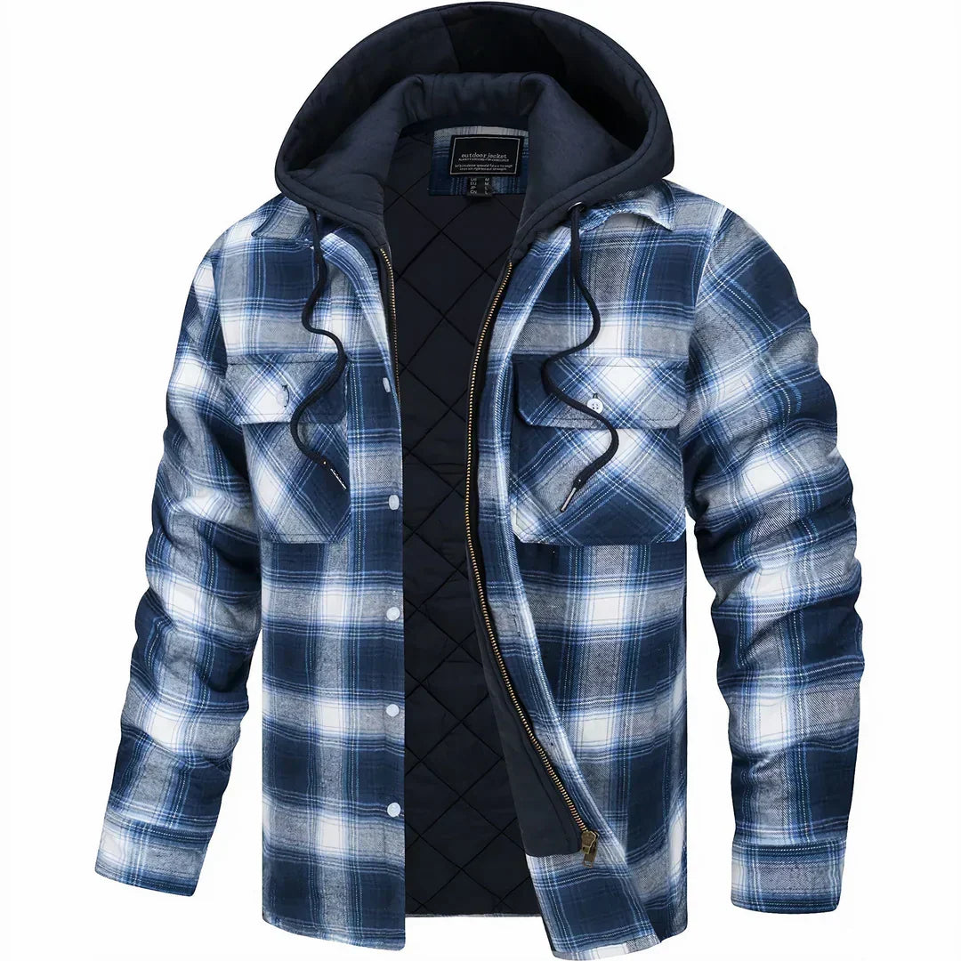 Rückenansicht der warmen Herren Winterjacke mit schützender Kapuze. Eine isolierte Freizeitjacke für Herbst & Winter.