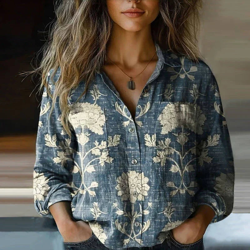 Stilvolle Musterbluse für Damen, mit elegantem Vintage-Print, perfekt für Frühling und Sommer.