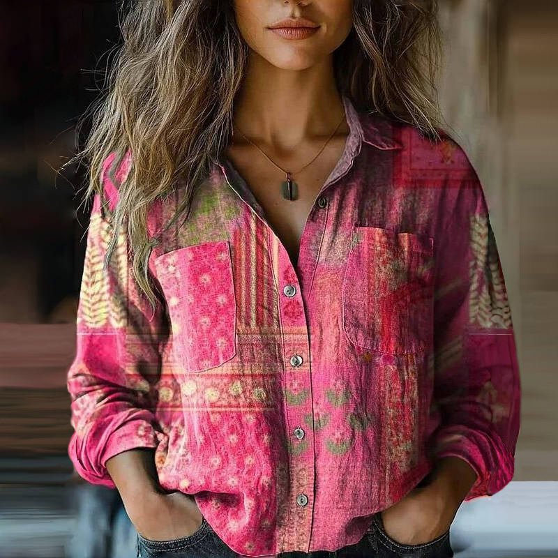 Locker sitzende Damen Vintage Bluse mit elegantem Druck, vielseitig kombinierbar für Mode-Outfits.