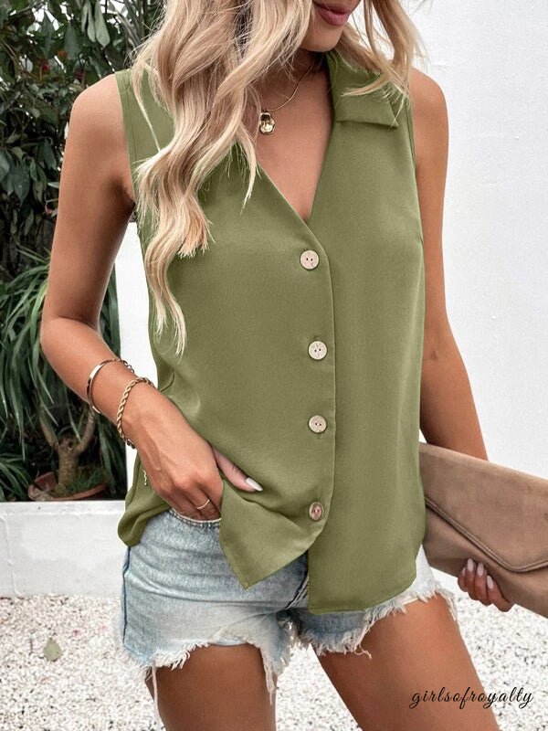 Damen V-Ausschnitt Westentop, hinten Ansicht. Zeigt die lockere, bequeme Passform für den Sommer.