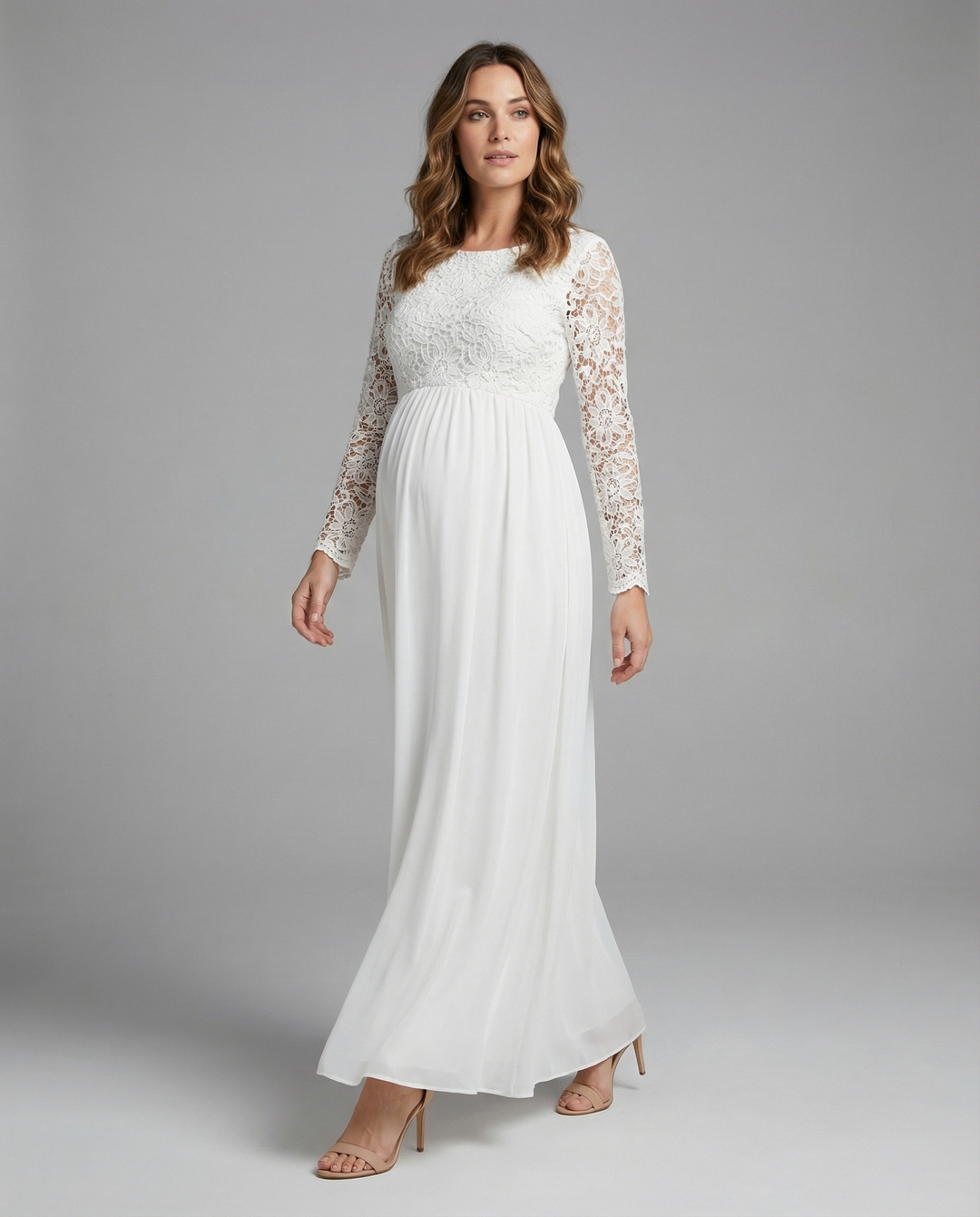 Weißes elegantes Damen Abendkleid mit langen Ärmeln und stilvollen Ausschnitten für besondere Anlässe.