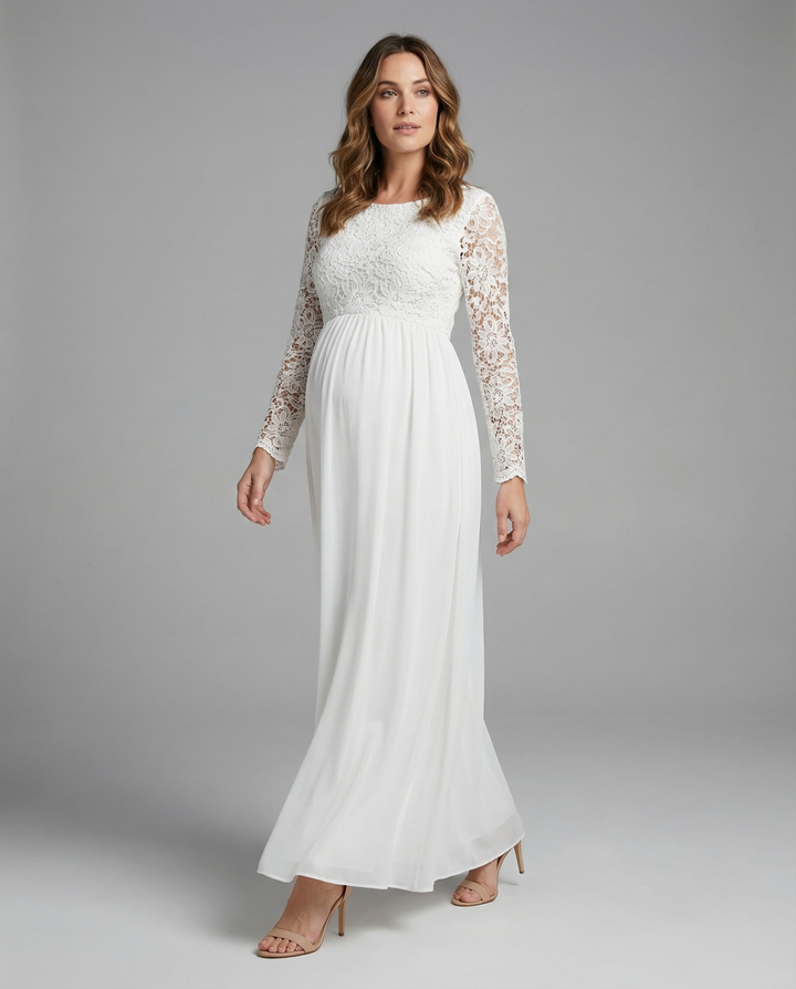 Weißes elegantes Damen Abendkleid mit langen Ärmeln und stilvollen Ausschnitten für besondere Anlässe.