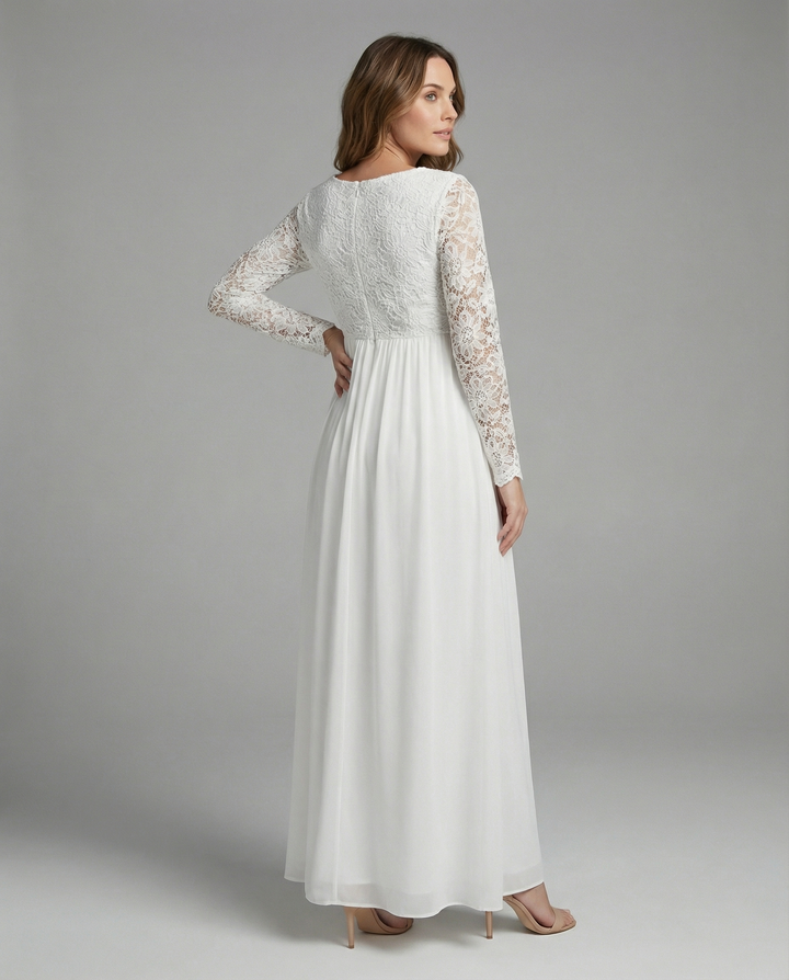 Festliches Damen Langarm-Kleid in Weiß mit modischen Ausschnitten, perfekt für elegante Anlässe.