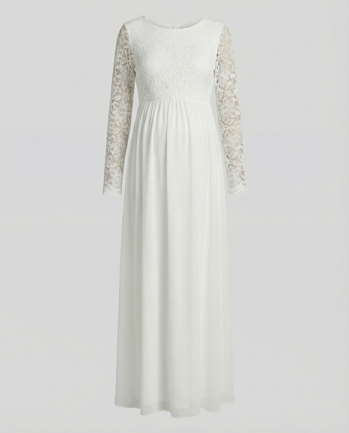 Damen Abendkleid weiß, langarm, mit chicen Ausschnitten. Elegante Festmode für besondere Momente.