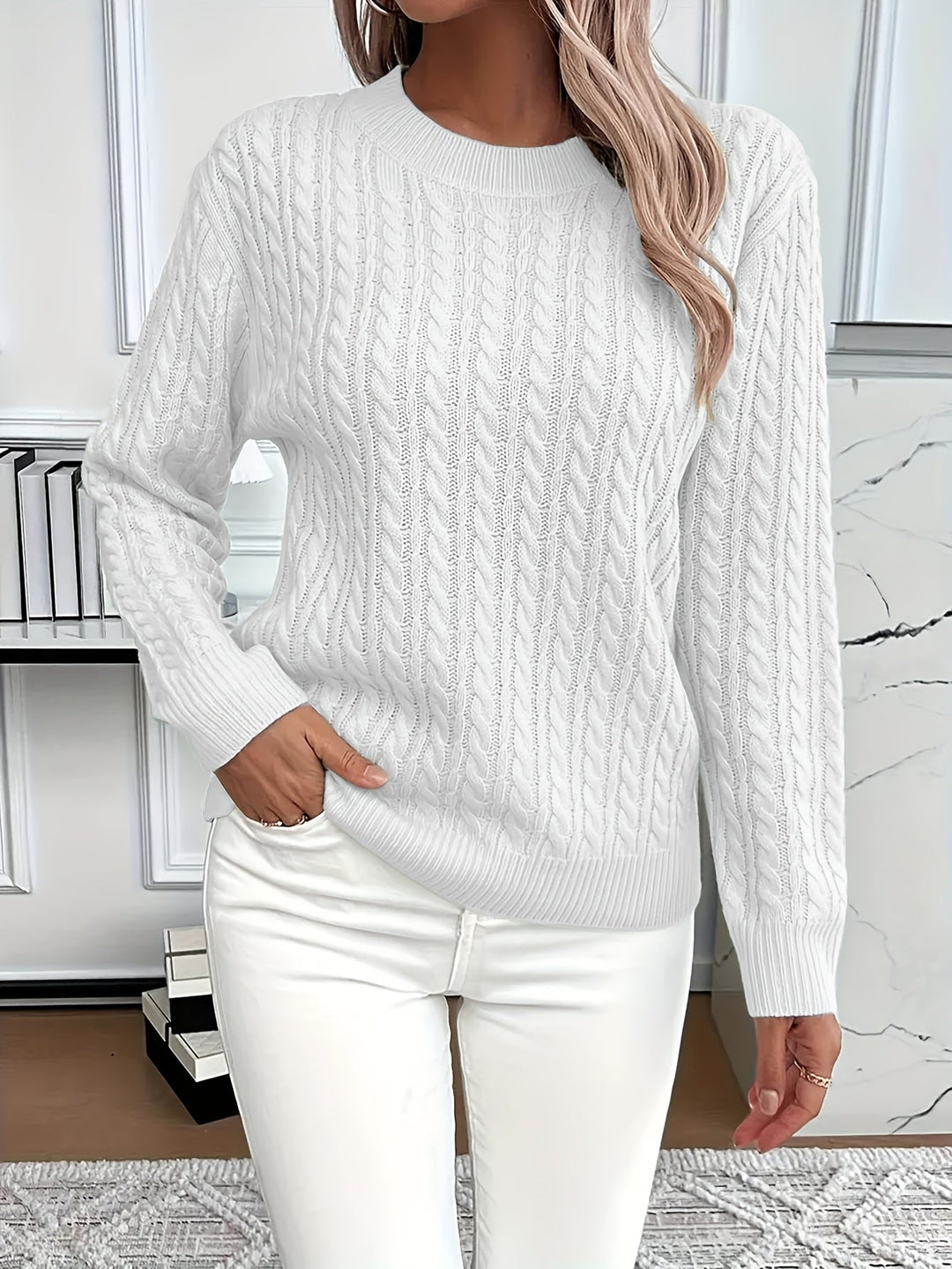 Vielseitiger Damen Zopfmuster-Strickpullover für lässige Herbst- und Frühlingslooks, Langarm, bequem.