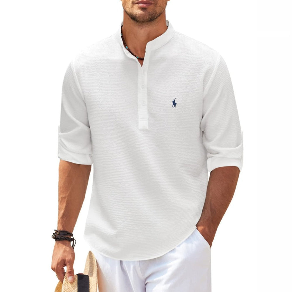 Leichtes Herren Kurzarmhemd mit Stehkragen für den Sommer. Atmungsaktiv, bequem & lässig, perfekt für Strand & Urlaub.