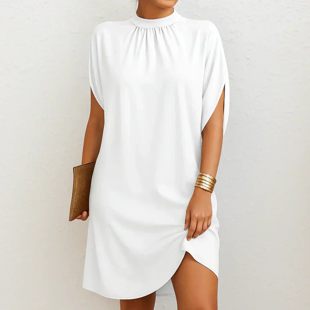 Fließendes Damen Midikleid mit hohem Kragen. Ein schickes Sommerkleid, perfekt für Party, Business & festliche Events.