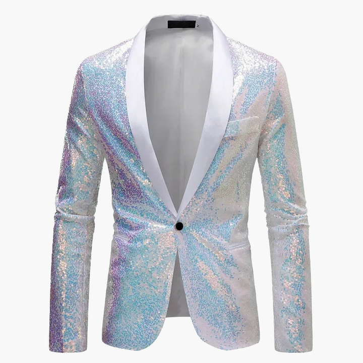 Vorderansicht Herren Pailletten Sakko. Glitzernder Blazer für festliche Anlässe, Party & Gala. Elegantes Statement-Stück.